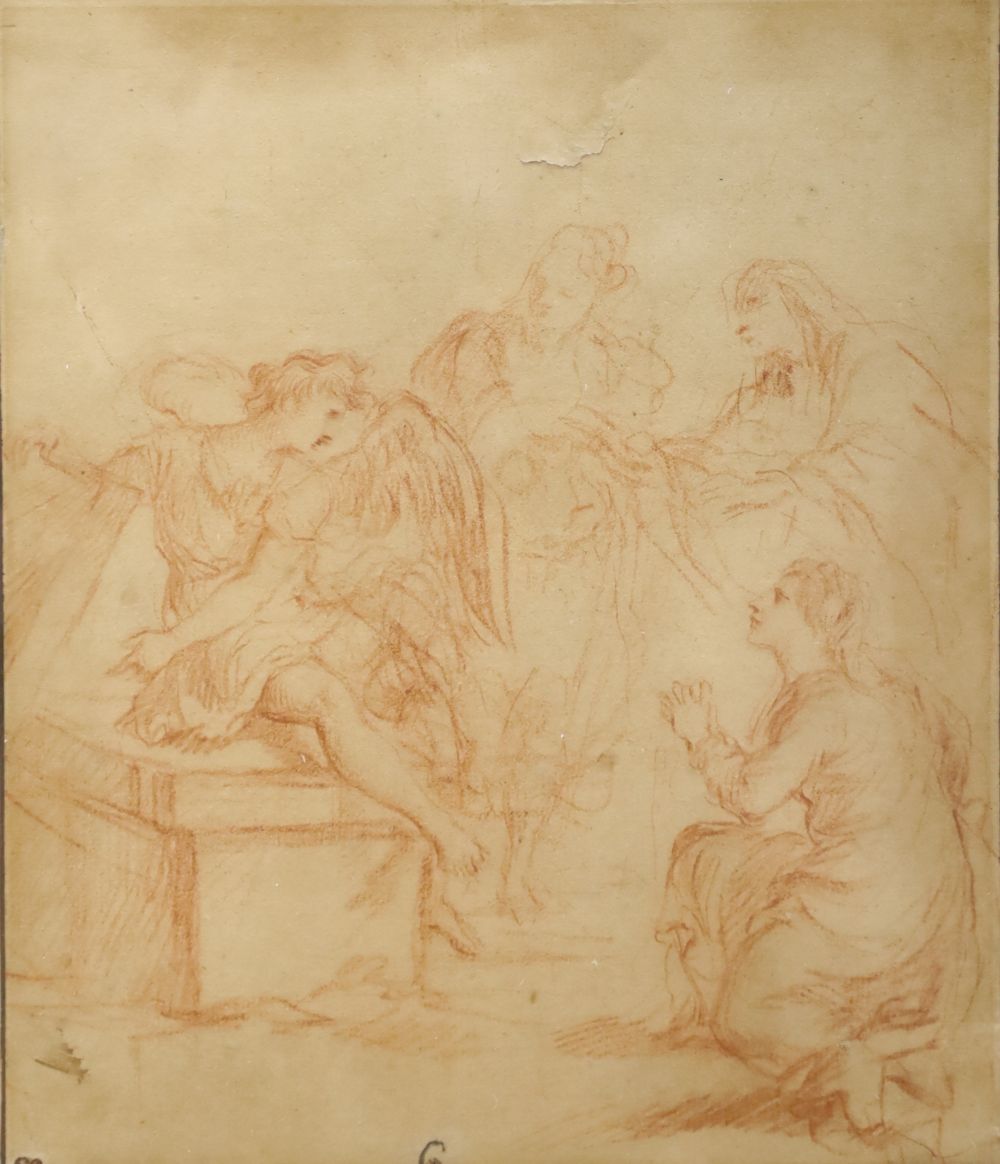 Old Master, sanguine chalk on buff coloured paper, Angel emerging from a tomb with onlooking figures, initialled EP in ink, 24.5 x 20.5